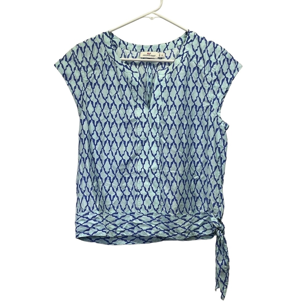 Vineyard Vines Crystal‎ Blue Womens Side Tie Lattice Print Cap Blouse 6